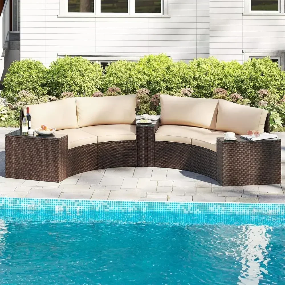 Half-Moon Curved Sectional Sofa Set with Tempered Glass Side Tables, Beige Outdoor Patio Furniture for Backyard and Poolside