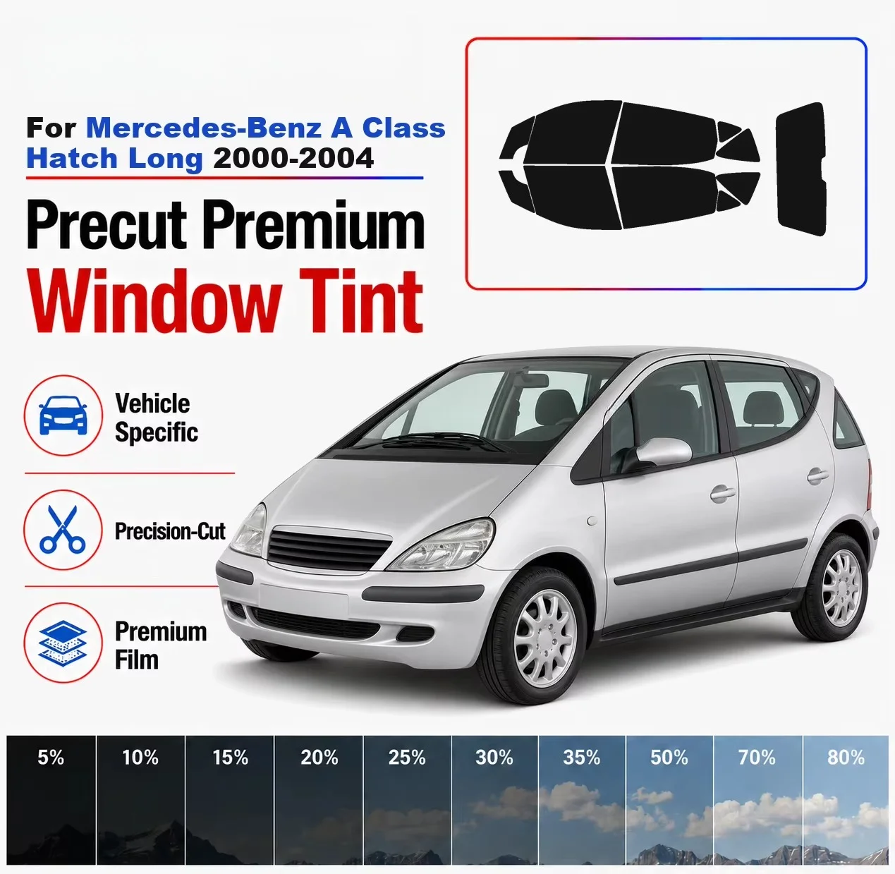 Premium Precut Window Tint Kit Front Rear Windows For Mercedes-Benz A Class Hatch Long 2000-2004 Complete Set Nano Ceramic Film