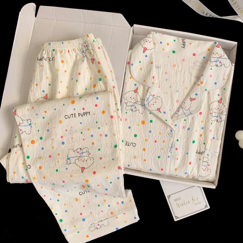 

2 PCS Women Pajama Sleepwear Casual Pajama Set Long-Sleeved Pants Suit Dog and Cat Print Soft Comfort Home Leisure Clothes