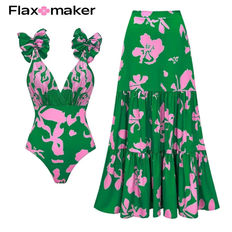 FLAXMAKER Ruffle Shoulder Printed One Piece Vacation Swimwear bikini sets Women Beachwear Bathing Suit  Monokini