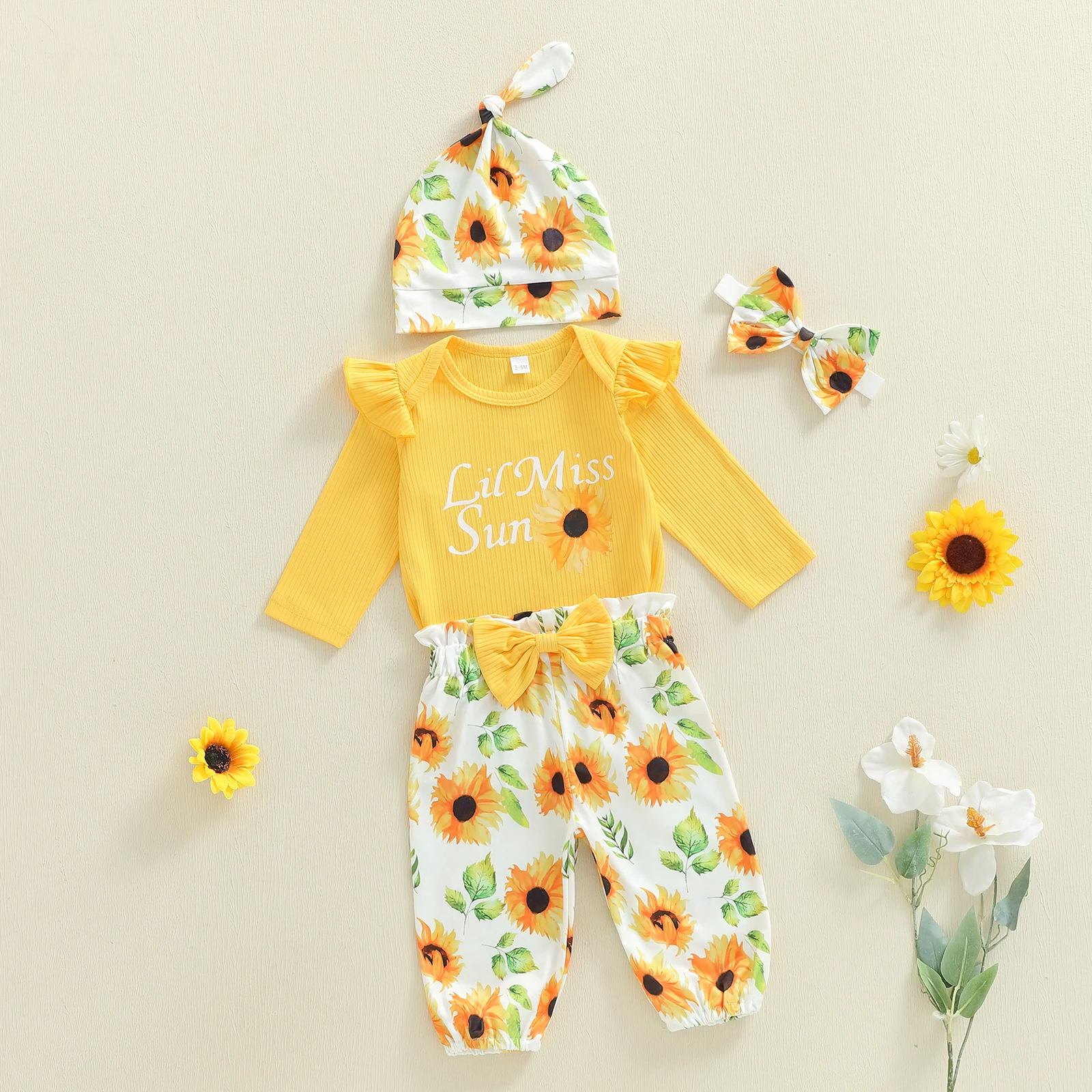 0-12Months Newborn Baby Girl Sunflower Outfit Long Sleeve Ribbed Romper Pants Bow Headband and Knotted Hat 4 Piece Set