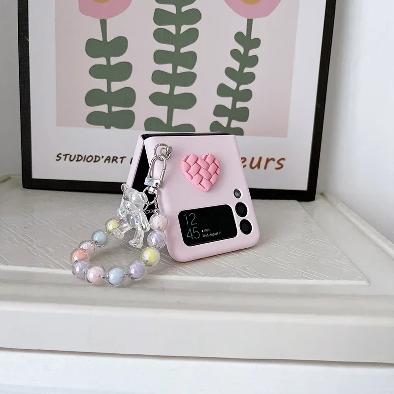 Cute Bear Colorful Beads Bracelet Case For Motorola Razr 40 Ultra 50 Ultra 2023 Plus 2024 Plus Candy Color Heart Hard PC Cover