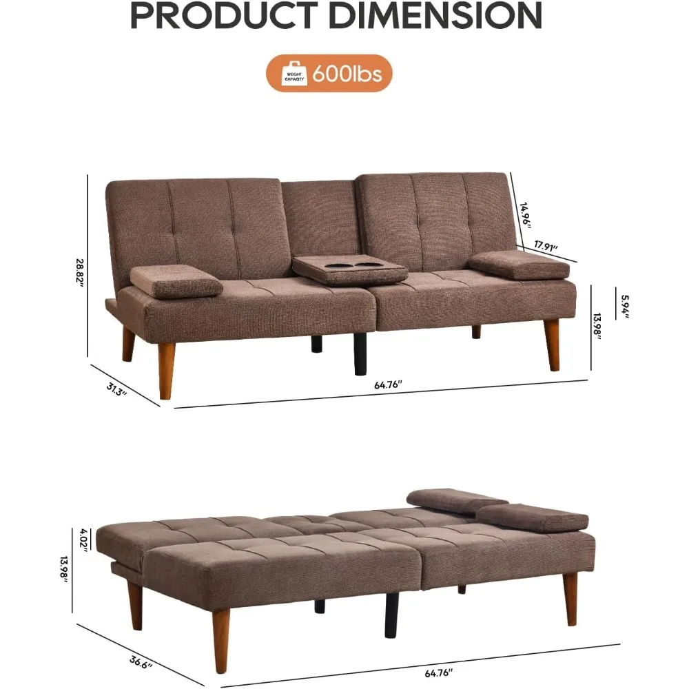 Sofá cama convertible de tela de 65 pulgadas con portavasos dobles, patas de madera, cómodo sofá cama para sala de estar