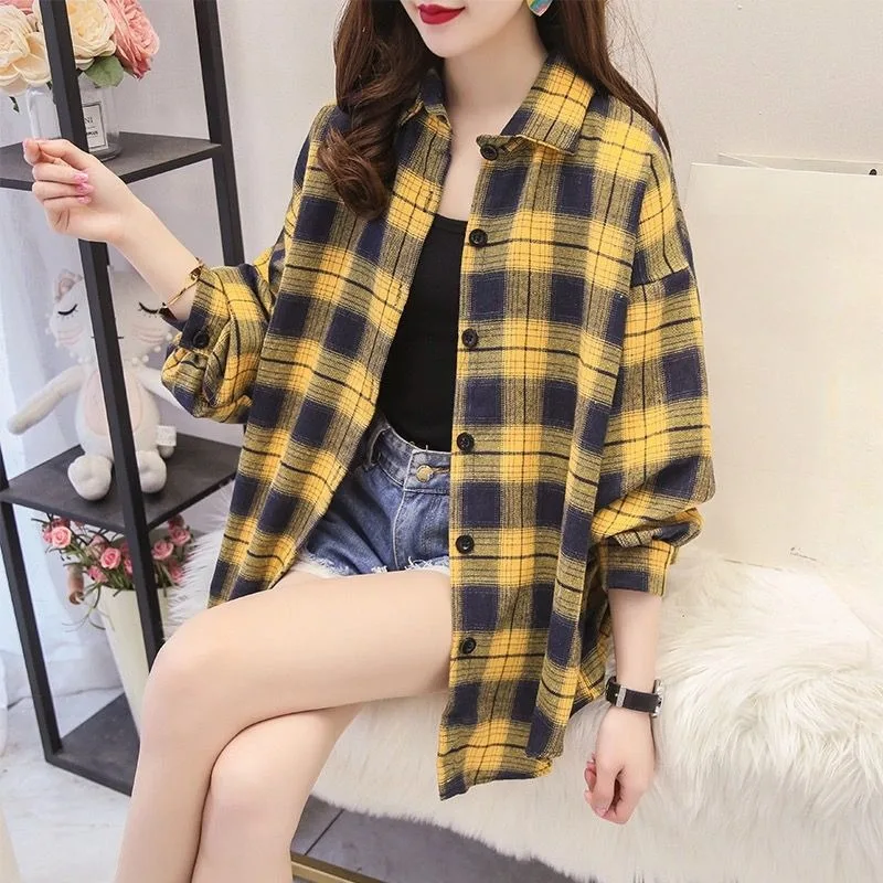 

Vintage Plaid Shirts Women Korean Style Loose Elegant Feminine Long Sleeve All-match Autumn Harajuku Comfortable Daily Blusas