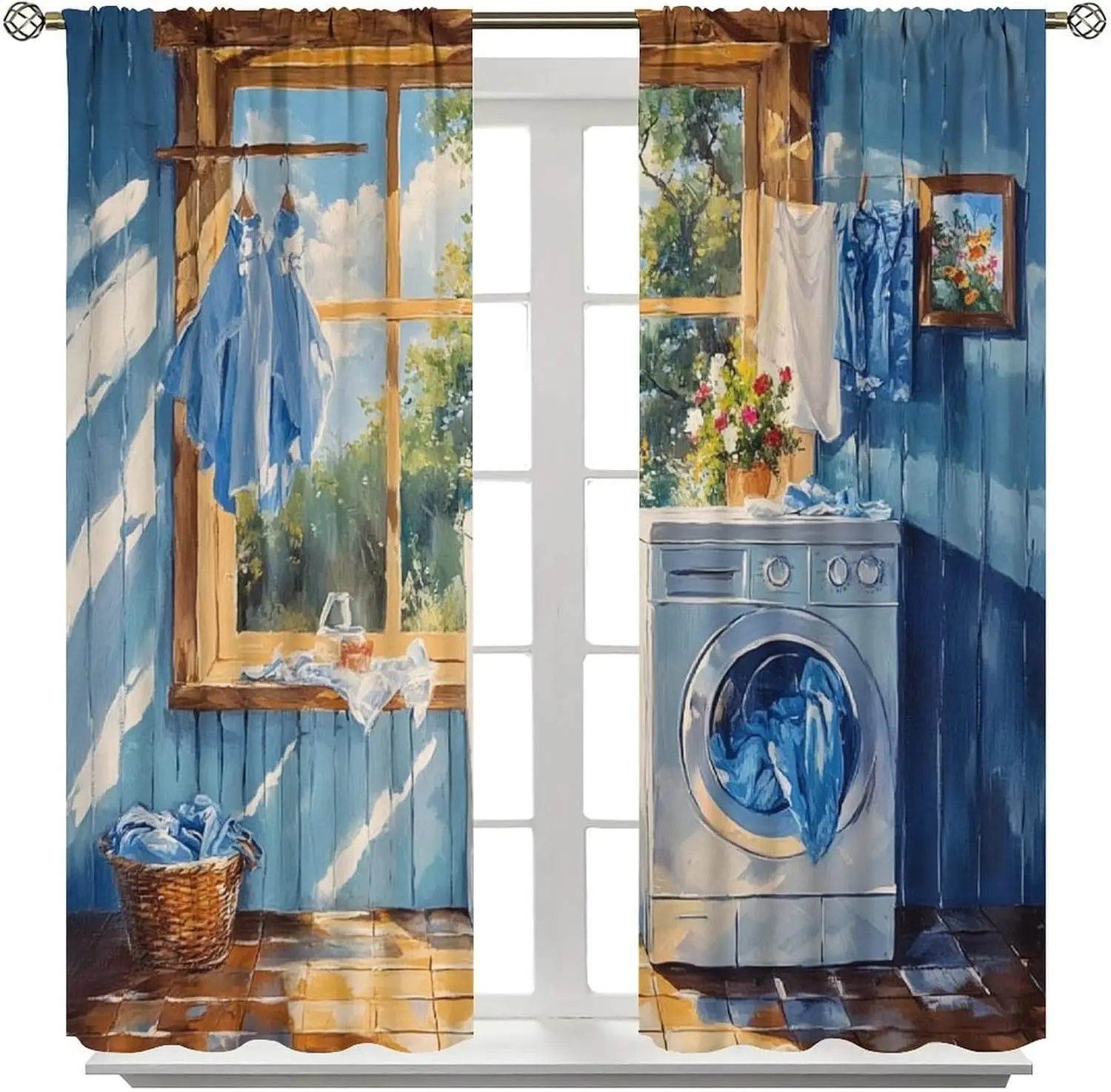 Laundry Room Curtains for Windows,Oil Painting Art Vintage Rustic Farmhouse Wash Fold Repeat Country Print Blackout Rod Pocket
