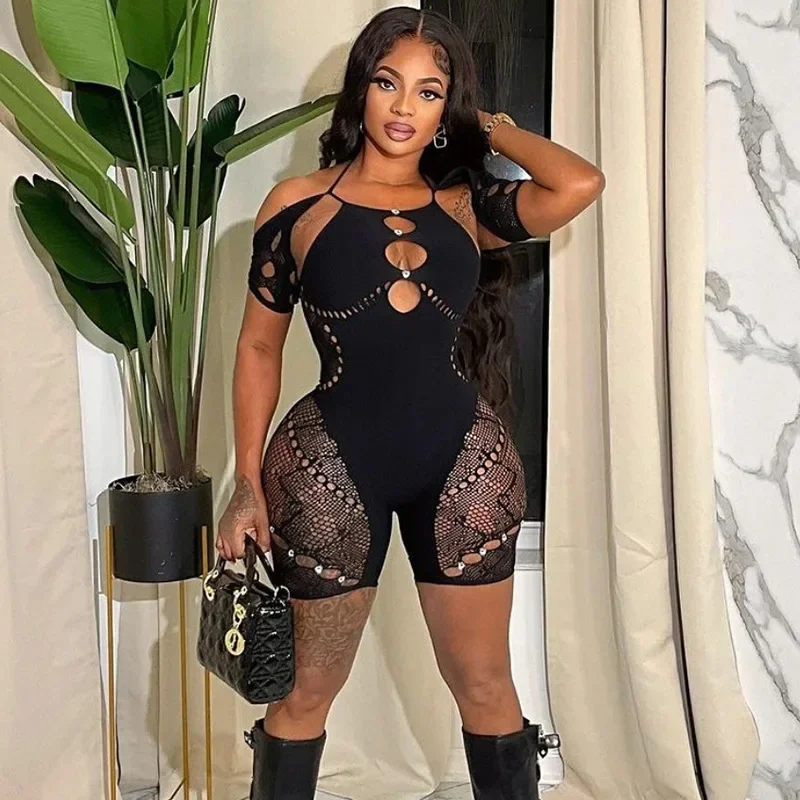 Short Sleeve Women Lace Mesh Hollow Out O-neck Rompers Playsuits 2024 Evening Night Club Party One Piece Sexy Outfits