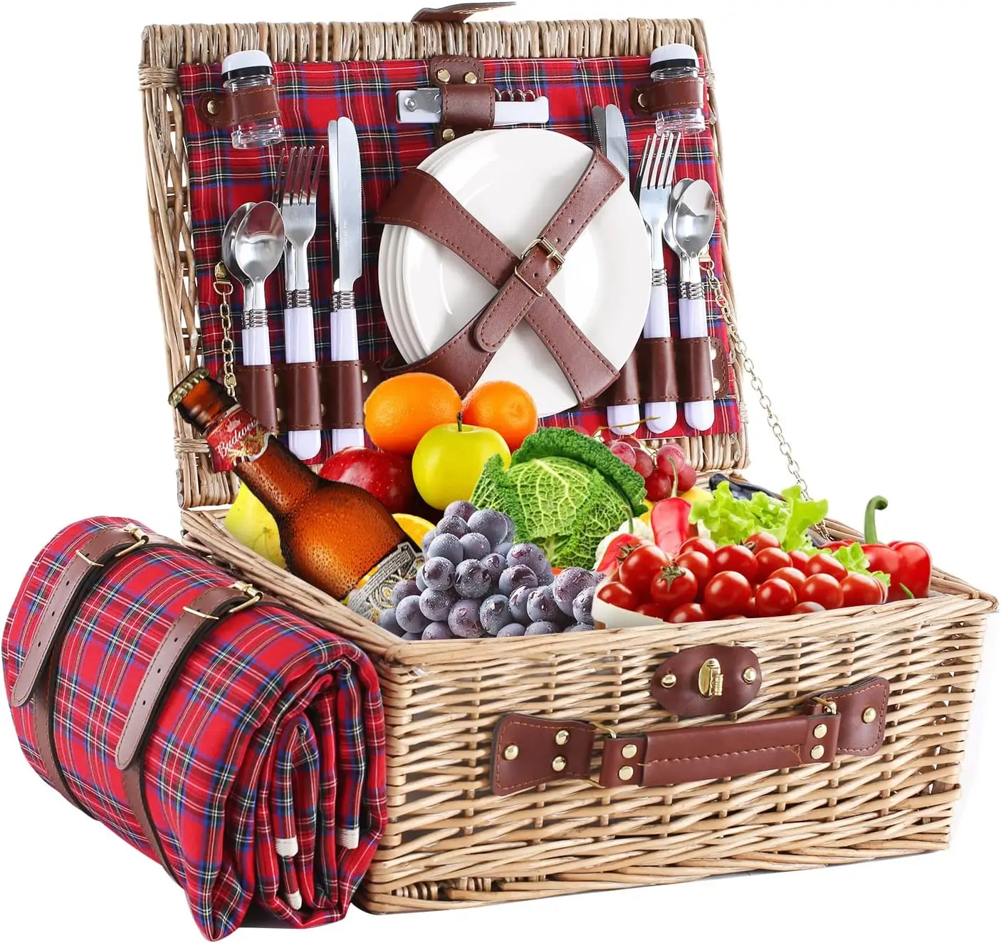 

Wicker Picnic Basket for 4 with Waterproof Picnic Blanket and Insulated Cooler, Willow Hamper for Camping, Outdoors, Photoshoot