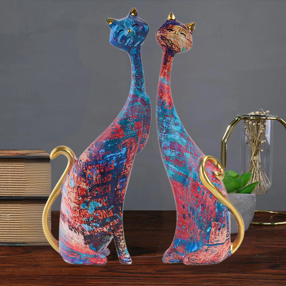 

2pcs Abstract Oil-Painted Cat Statue Decor European-Style Resin Craft for Festival Gifting Cat Ornament Tabletop Living Room
