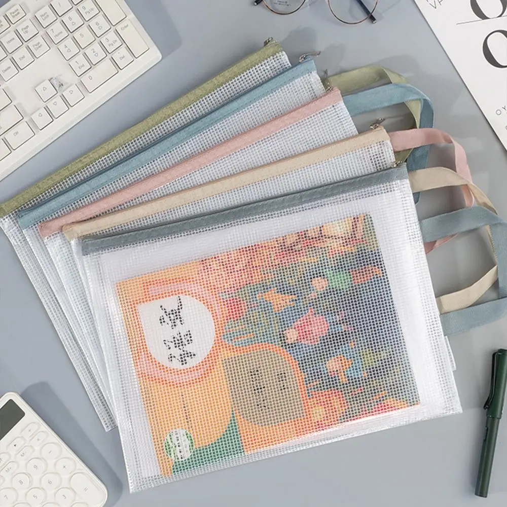 Organizzatore di file Borsa portaoggetti con cerniera in rete a doppio strato Borsa per cartelle di file A4 impermeabile trasparente Borsa per documenti portatile in PVC Studente