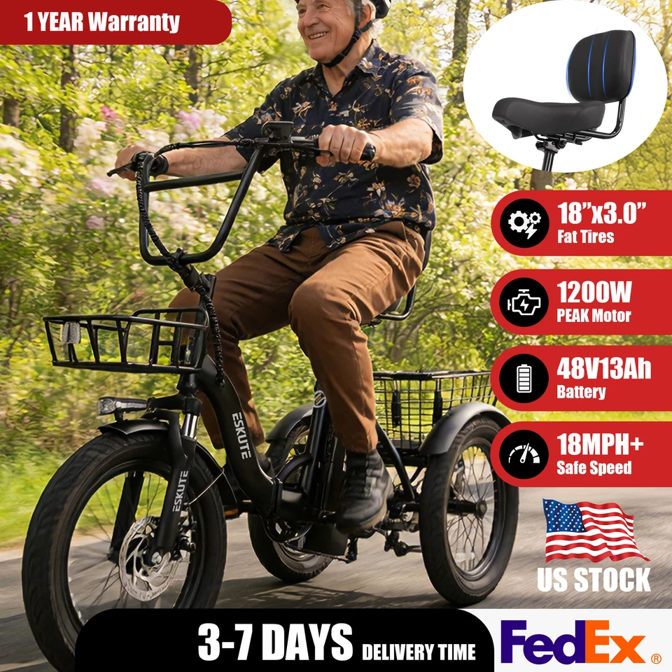 ESKUTE T300 E Trike Electric Bike, Peak Brushless Motor Folding Trike 18X3.0 Fat Tire Ebike, 624Wh Removable Battery, Step-Thru 3 Wheel Electric Bicycle, Up to 65 Miles, 18MPH+ Tricycle for Adults image 7