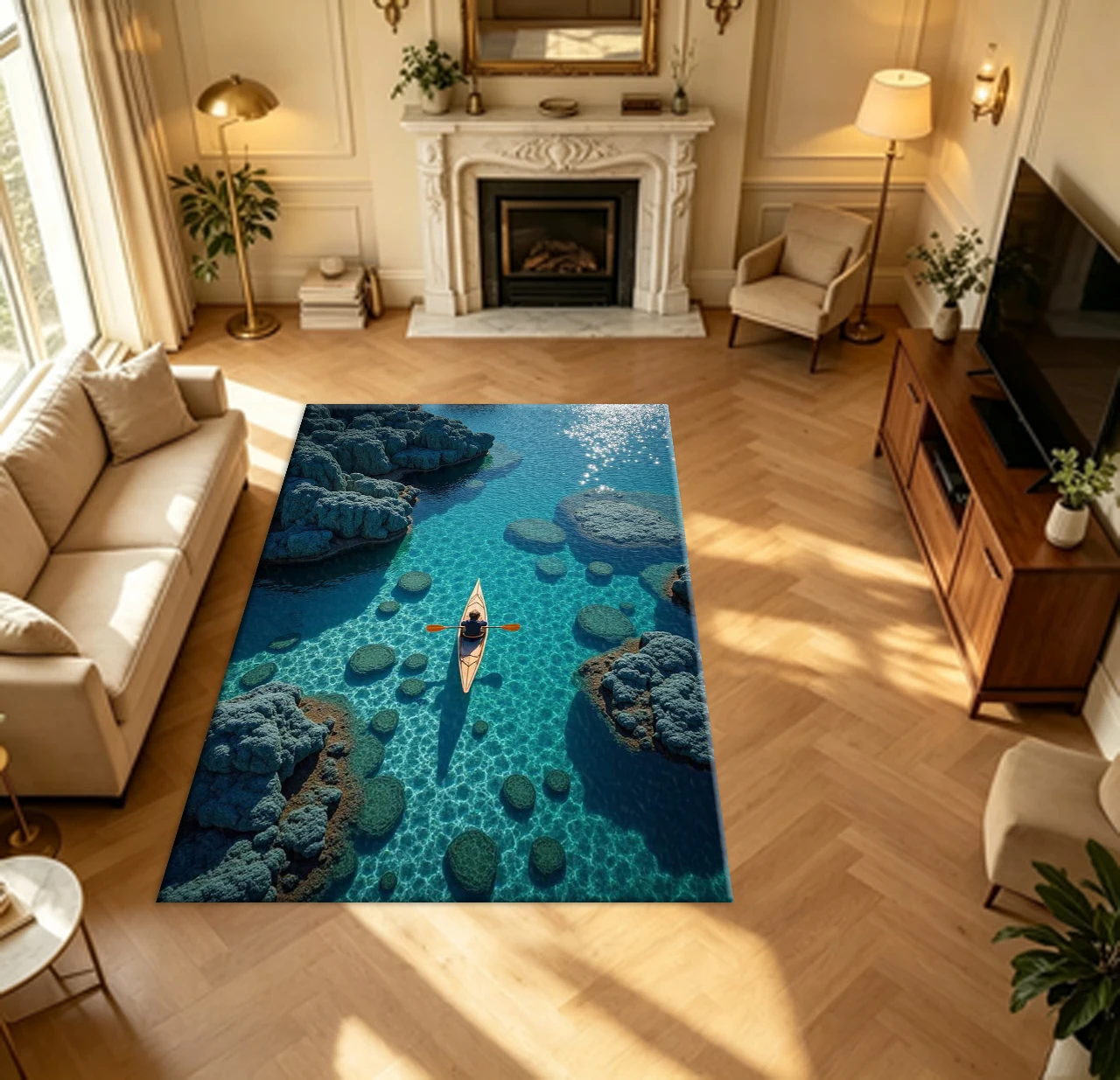 Kayak Crystal Clear Sea Coastal Landscape carpet flooring Ocean Nature View Floor Rug