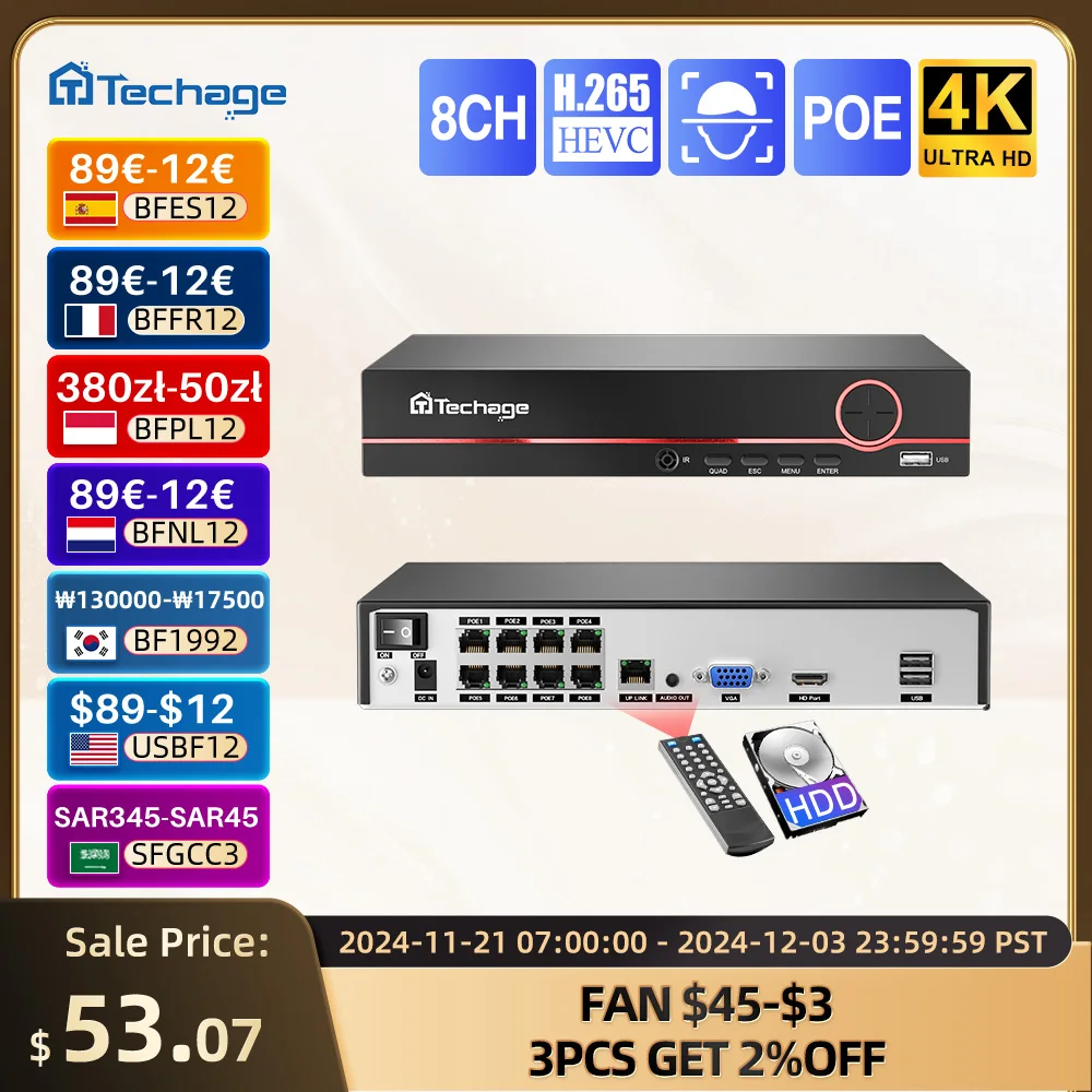 Techage H.265 8CH 4K 2K POE NVR видеорегистратор для видеонаблюдения до 16 каналов для системы видеонаблюдения POE IP-камера-рек