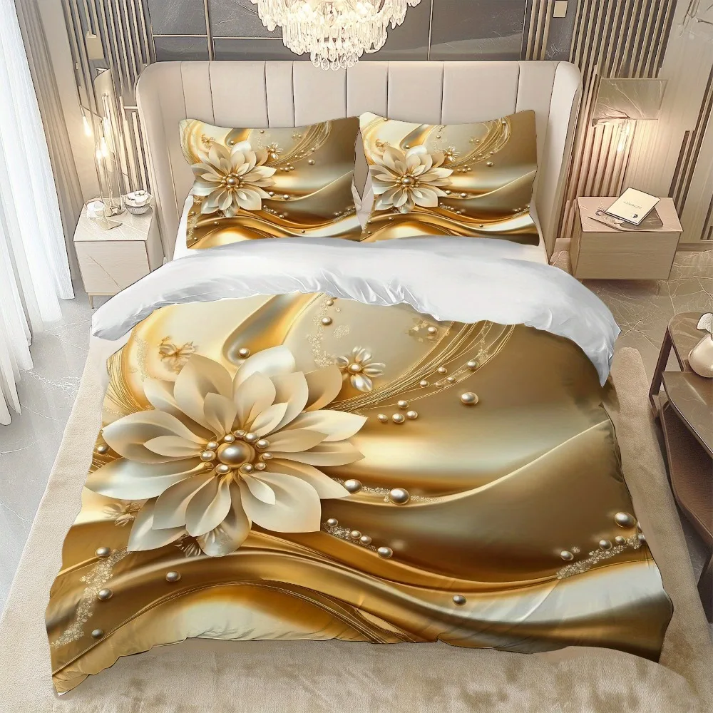 3pcs Golden Bedding Set Gilding Flowers 3D Printed Cozy Duvet Cover King Queen Twin Size Birthday Gift for Adult Bedroom Decor