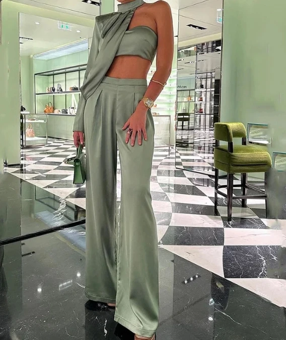 Elegant Two Piece Set for Woman Silk Hanging Neck Diagonal Shoulder Single Sleeve Strapless Top Temperament Wide Leg Pants Set