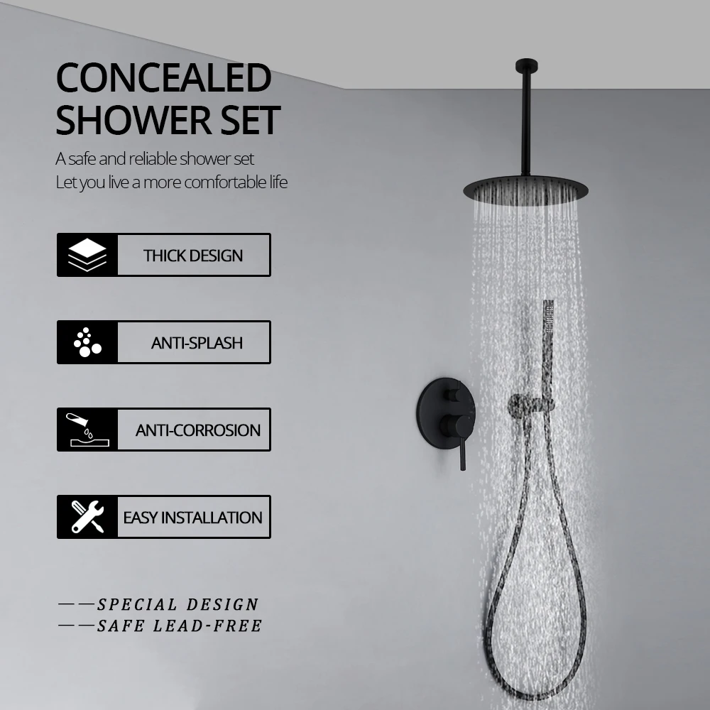 Matte Black Shower Faucet Rain Shower Head Bathroom Shower Tap Ceiling Arm 2 Mode Switch Mixer Shower System Wall Mounted