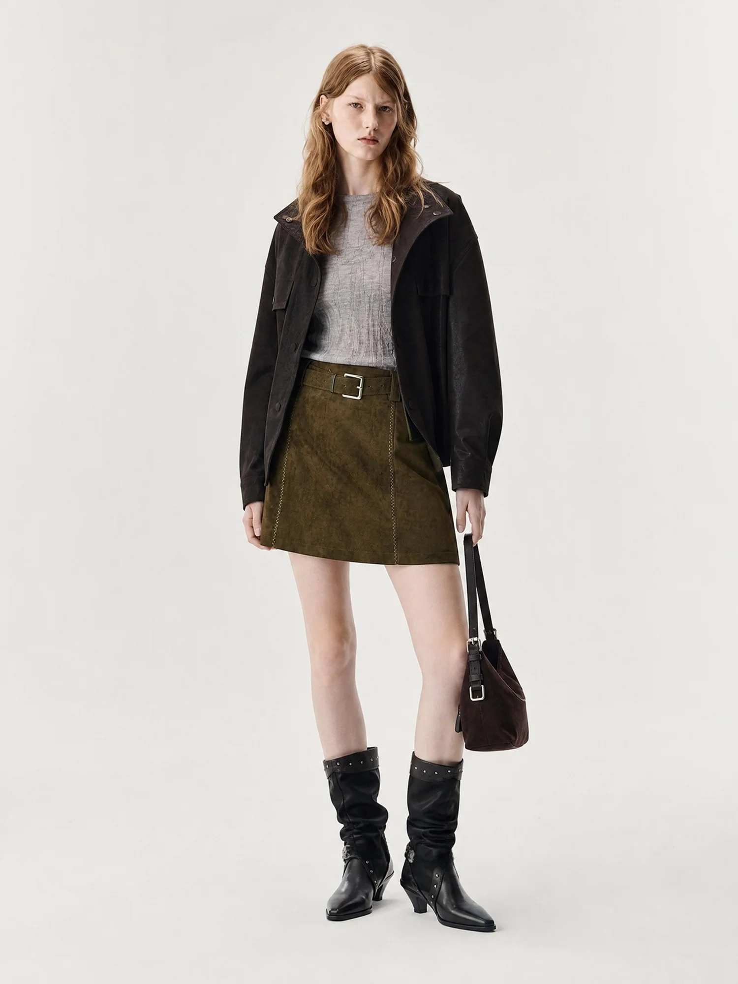 Eco-Friendly Suede  Skirt High Waist Belted Stitching Decoration A-Line Half-length Skirts for Women Polyester Fiber