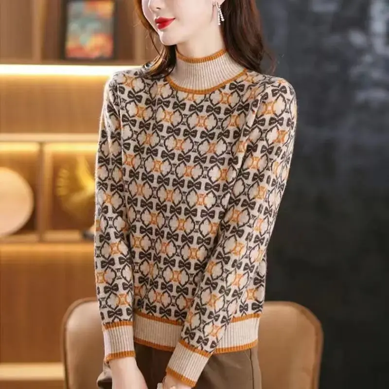 Sweater Autumn Winter Thick Half Height Collar Ladies Fashion Knitting Top Tee Women Clothes Fashion Printing Patchwork Jumpers