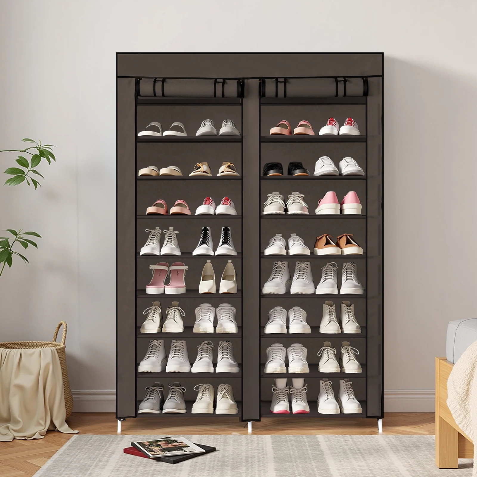 Double Row 10-Tier Non-Woven Fabric Shoe Cabinet with Iron Pipes and Plastic Components,Stylish Appearance, Brown