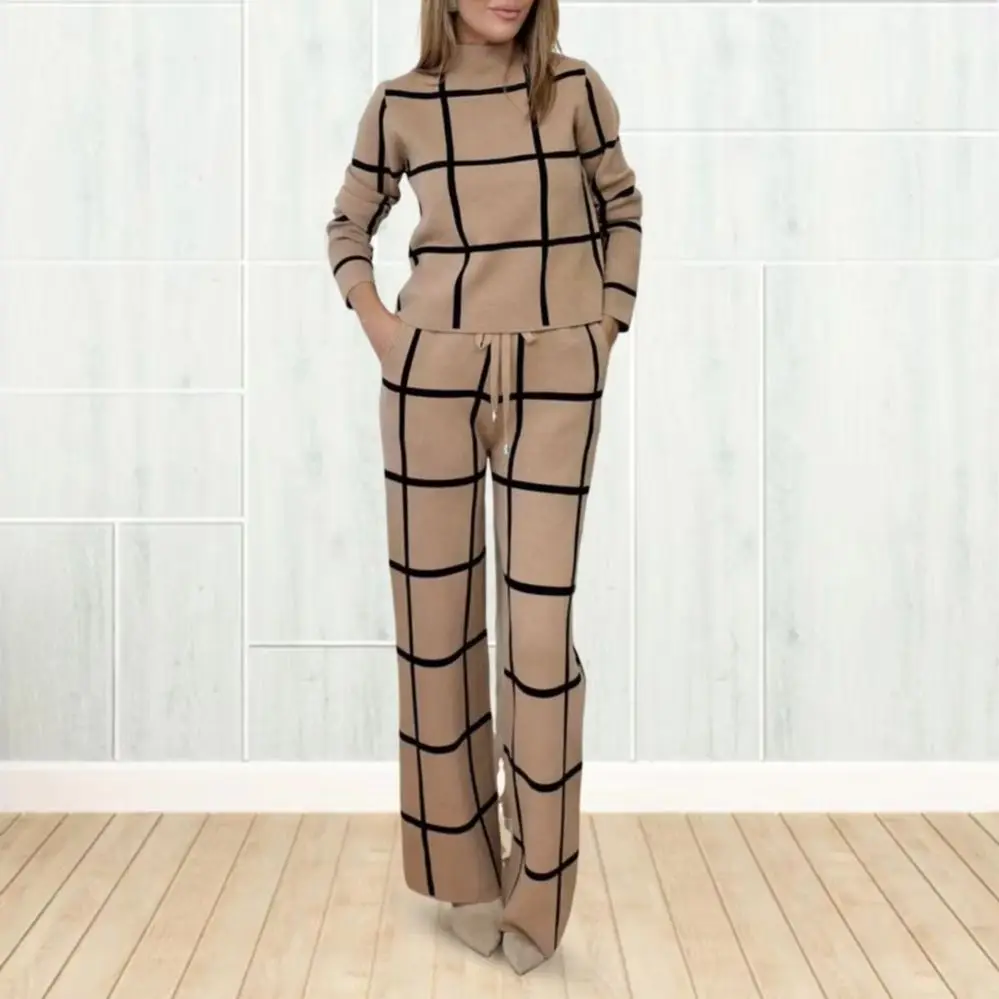 

2 Pcs/Set Lady Top Pants Suit Half-high Collar Plaid Printing Long Sleeves Loose Blouse Elastic High Waist Wide Leg Trousers wit