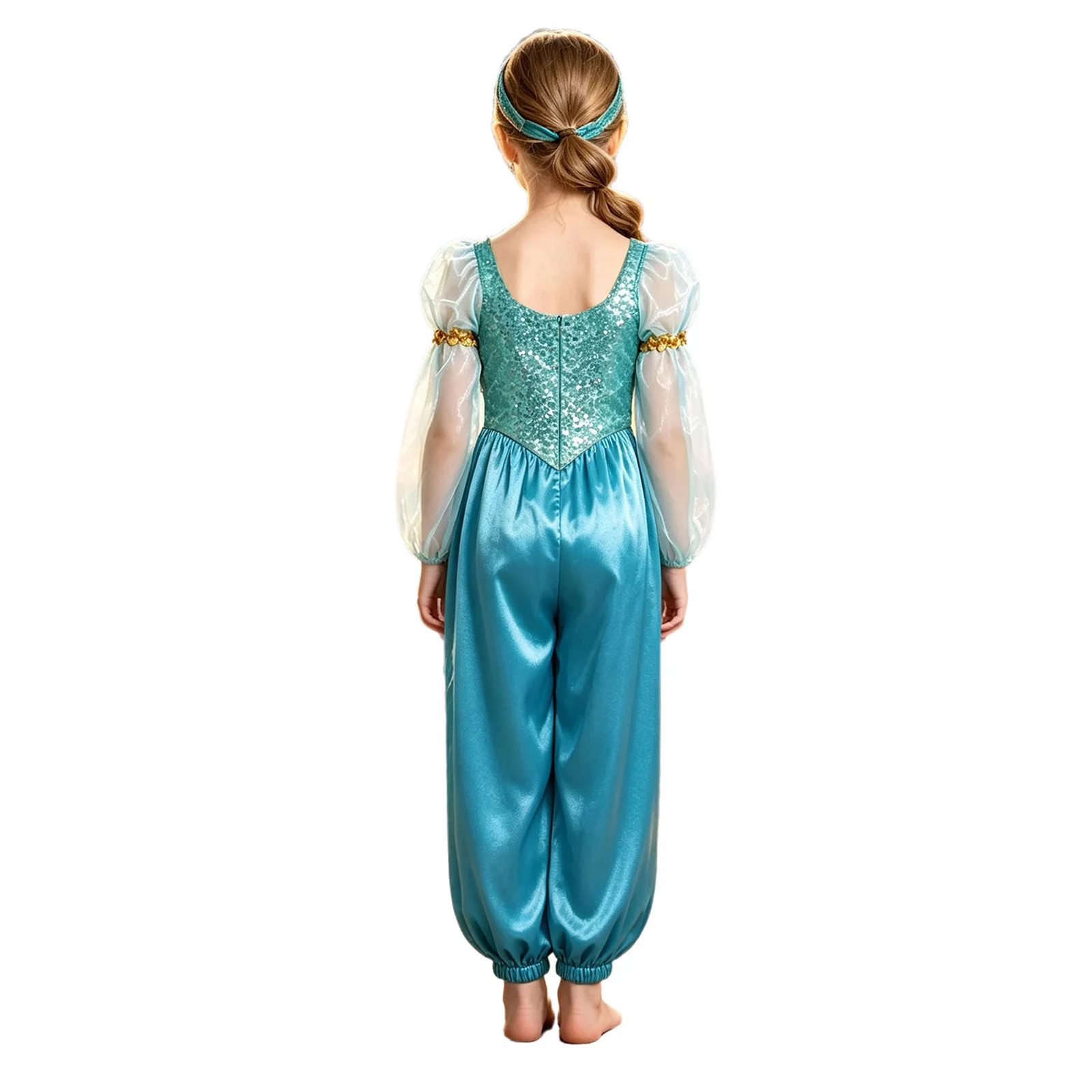 Kids Girls Arabian Princess Costume Tulle Long Sleeves Sparkly Sequins Satin Pants Bodysuit Halloween Indian Belly Dance Outfits