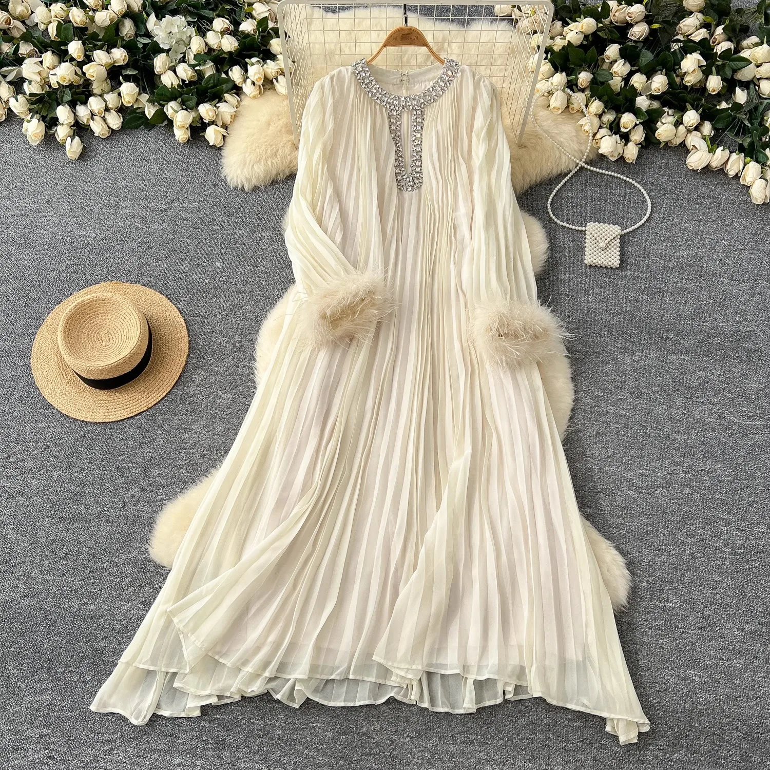 Women Solid Spliced Diamond Feather Long Sleeve Ruched Pleated Loose Robe Oversize Holdiay Big Swing Irregular Long Prom Vestido