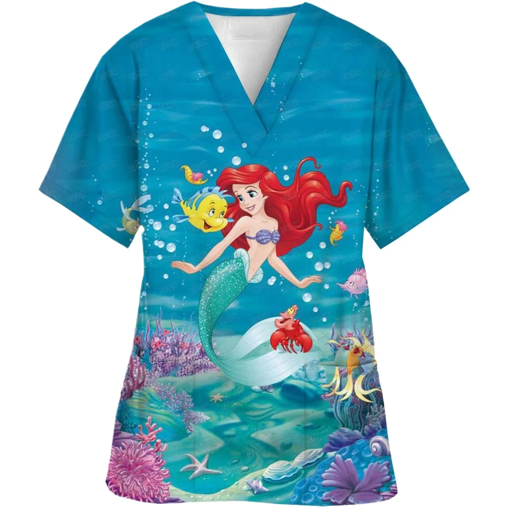 Disney Princess Ariel Elsa Print Scrub Tops Women Dentist Working Uniform Nurse Scrub Uniformes Medicos Para Mujer  Workwear