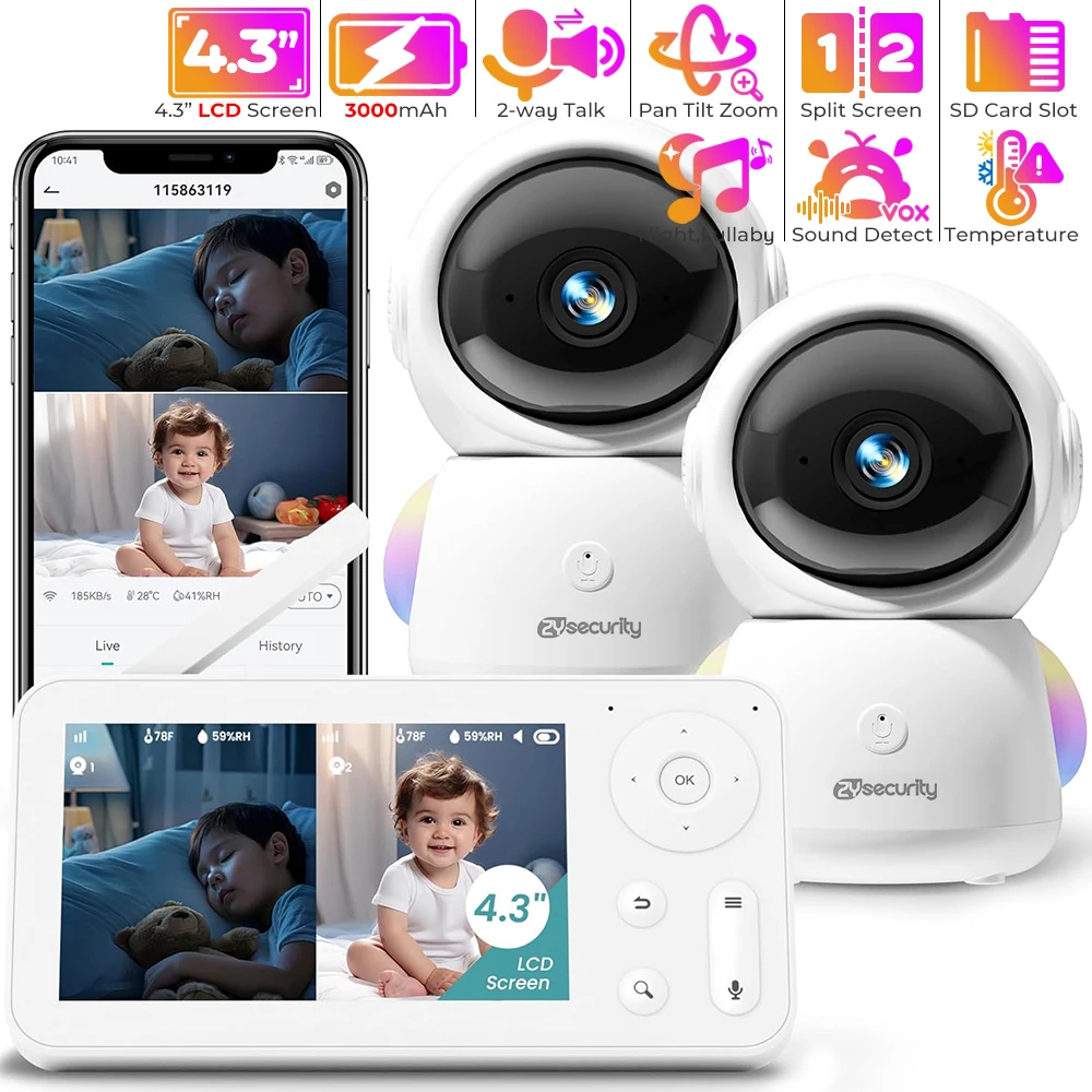 2K Baby Monitor with 2 Cameras and Audio Babyphone WiFi Smartphone 2.4G for Nursery Pet Elderly 355° Rotation RGB Night Light