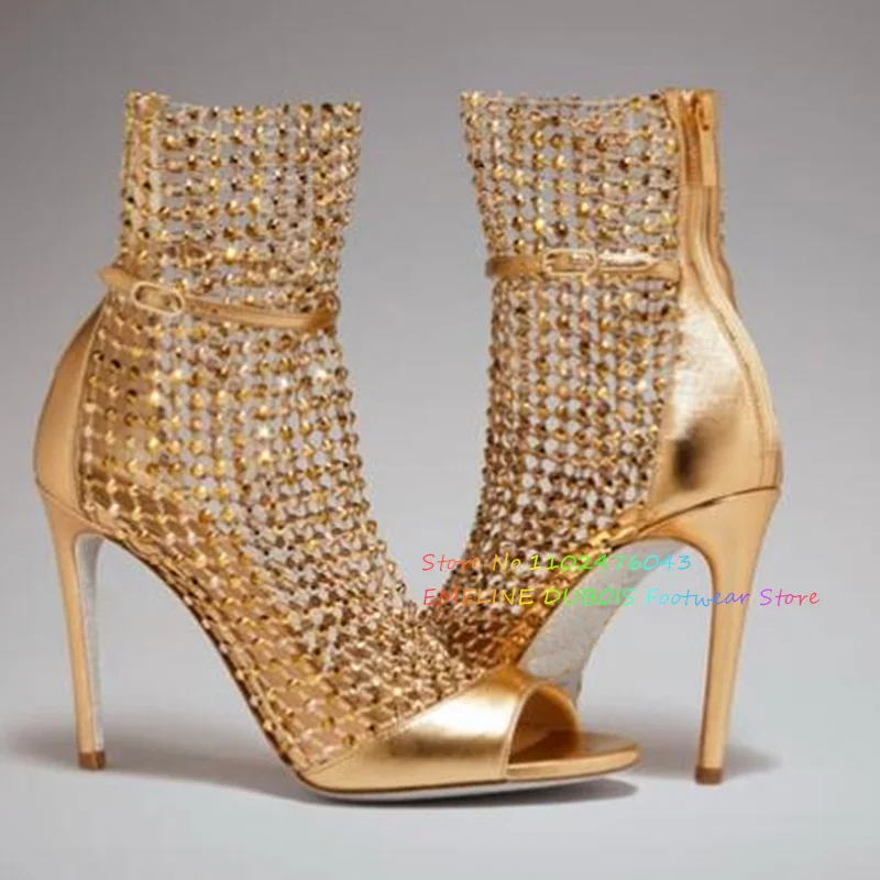 Water Diamond Fish Mouth Hollow Mesh Cool Boots Sexy Pointed Toe Thin High Heel Elegant Crystal Sandals Ankle Strap Single Shoes