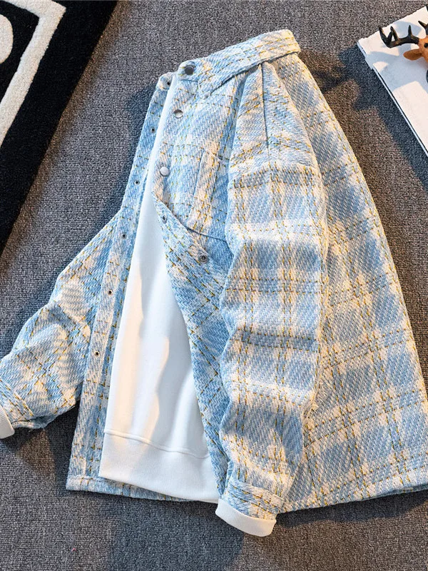 Men's Plaid Shirt Knitted Woolen Jacket Short Style Autumn Winter New Trend Brand Handsome Checkered Outerwear Casual Shirt