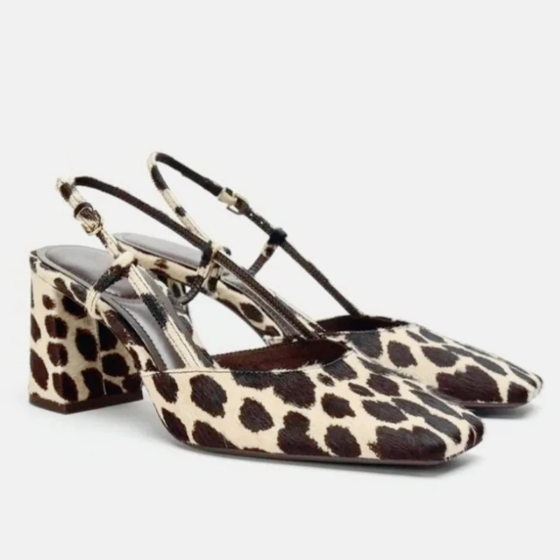 

2026 Designer Animal Print Leather Pumps Women Fashion Square Toe Slingback Shoes Chunky Heel Mules Comfortable Office Shoes