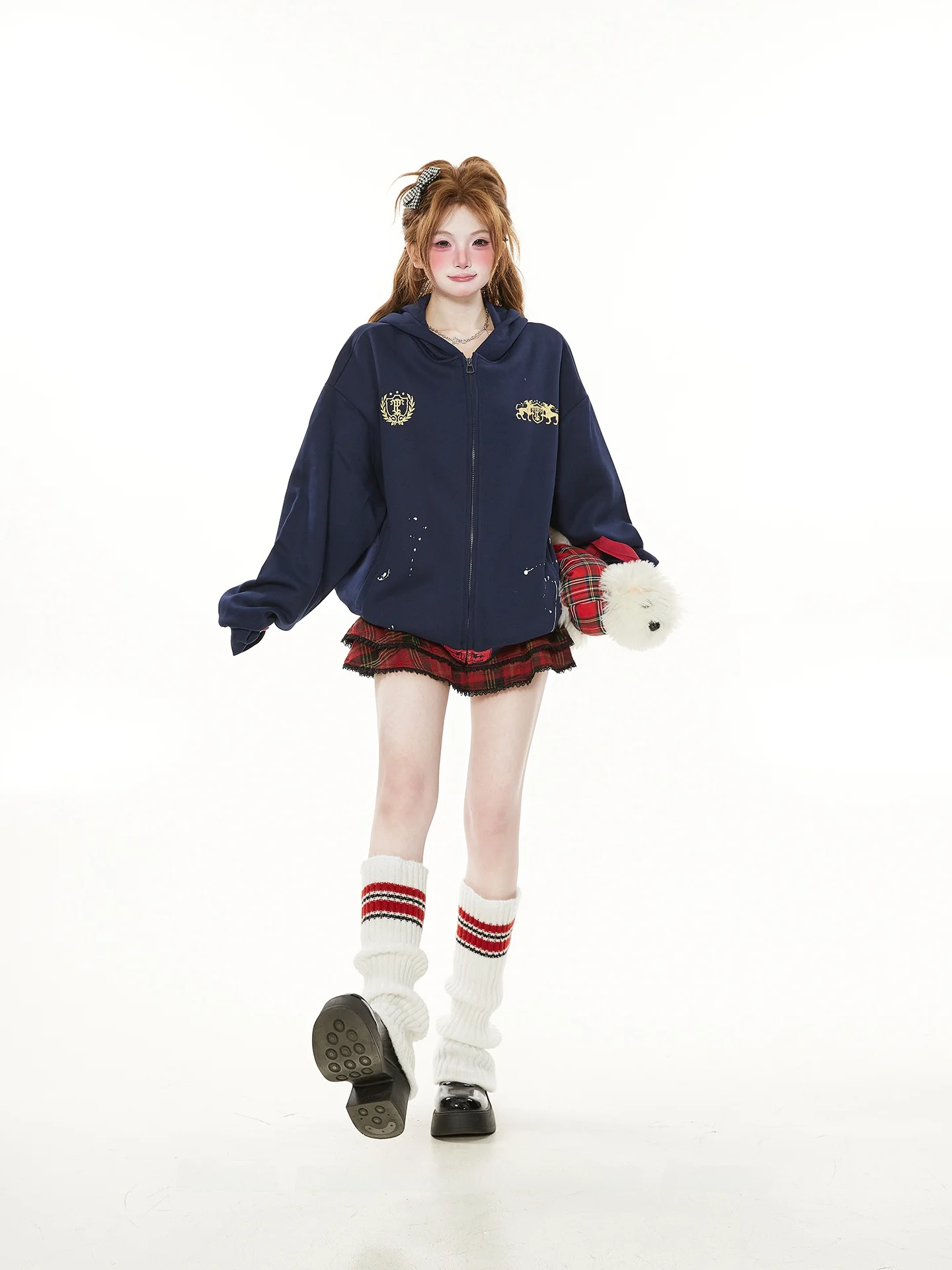 

Ретро-кардиган с американским синим принтом, женская свободная верхняя одежда, весенне-осенняя модная брендовая модель из смеси хлопка и полиэстера