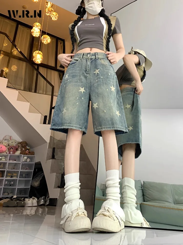 2024 Summer Y2K Harajuku High Waist Street Style Baggy Jean Shorts For Women Casual Loose Fit Stars Print Blue Denim Shorts