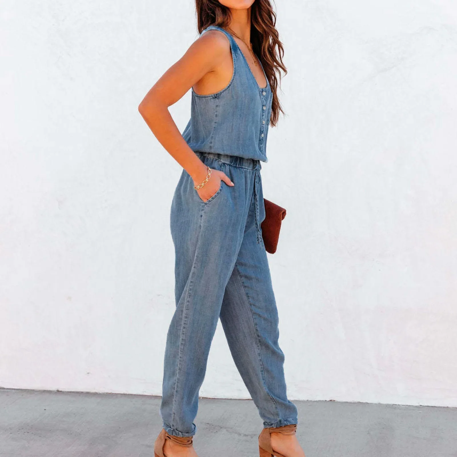 Women Fashion Solid Color Denim Overalls One-piece Jumpsuits Overalls Denim Jeans Bib Trousers Long Pants Dungarees Ropa Mujer