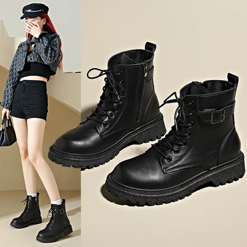 

Fashion Casual Platform Thick Sole Lace-up Ankle Boots 2025 New European and American style women's thick-soled black boots