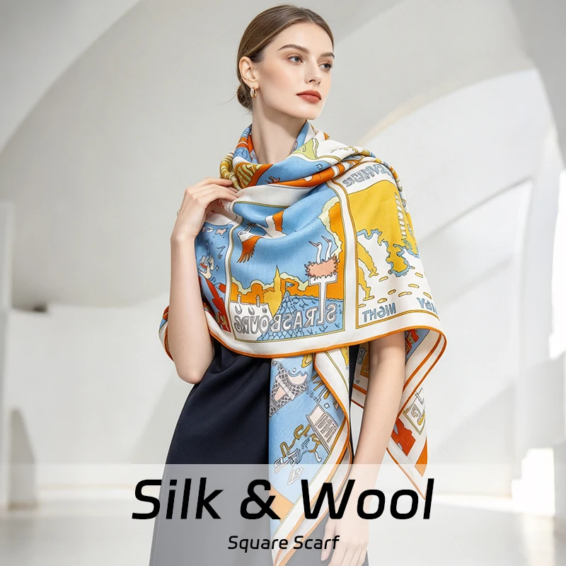 Autumn and Winter Warm Scarf 30% Pure Natural Silk+70% Wool 130x130CM Double-sided digital printing blue shawl  Postcard Collage