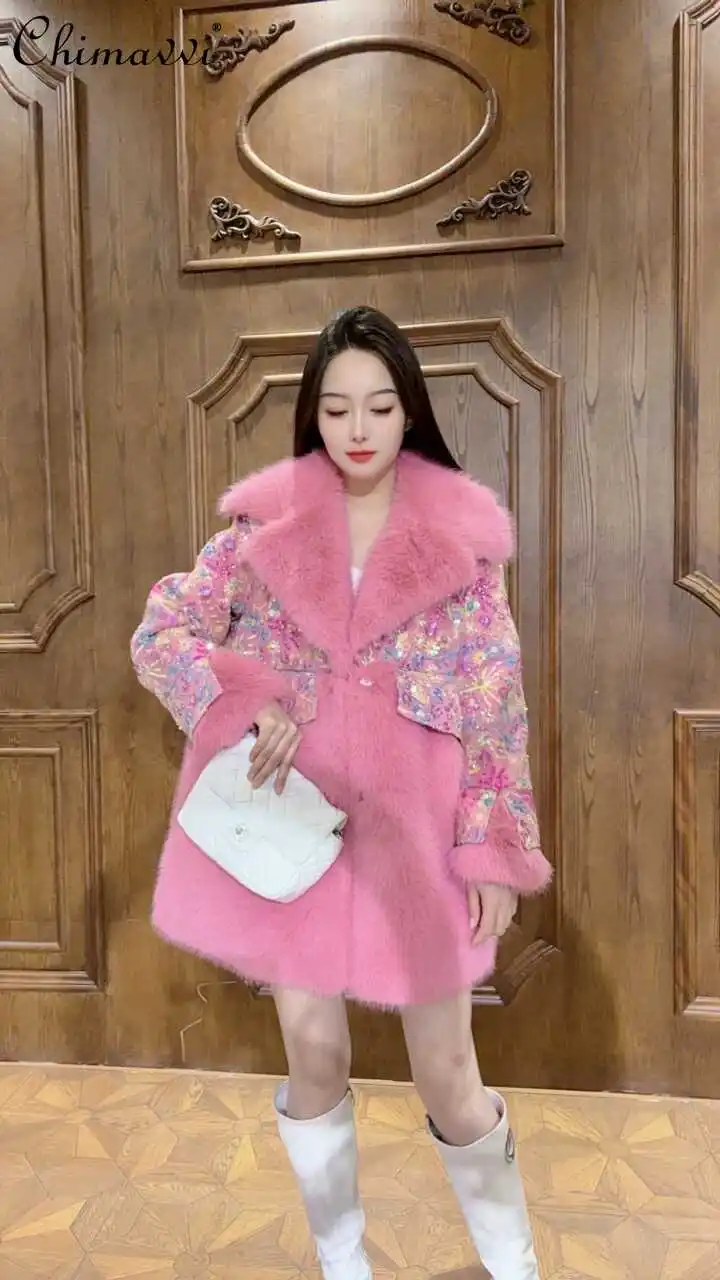 

Autumn and Winter New High-End Luxury Contrast Color Sequined Long-Sleeved Fur Coat Fashion Loose Warm Elegant Faux Fur Jacket