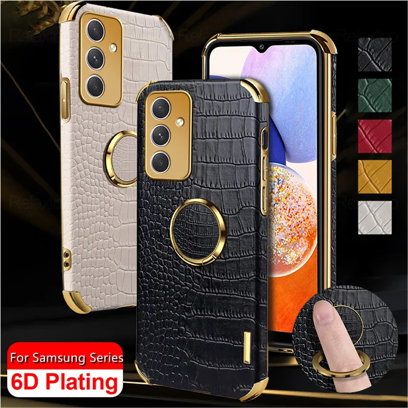 Crocodile Plating Case For Samsung Galaxy A16 A06 A15 A25 A35 A55 A54 A24 A34 A14 5G 4G Protective Cover Ring Stand Holder Coque