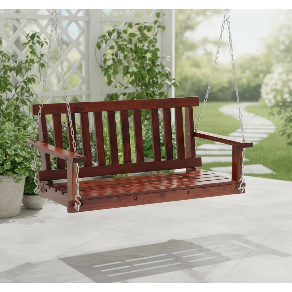 

4 фута уличная деревянная скамейка-качели для крыльца, емкость 800 фунтов, регулируемые цепи, сидение на двух человек, патио, сад, задний двор