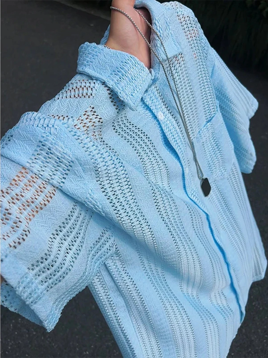 British Style Ice Silk Short Sleeve Shirt Men's Summer Thin Mesh Breathable Hollow Casual Open Cardigan Half Sleeve Shirt