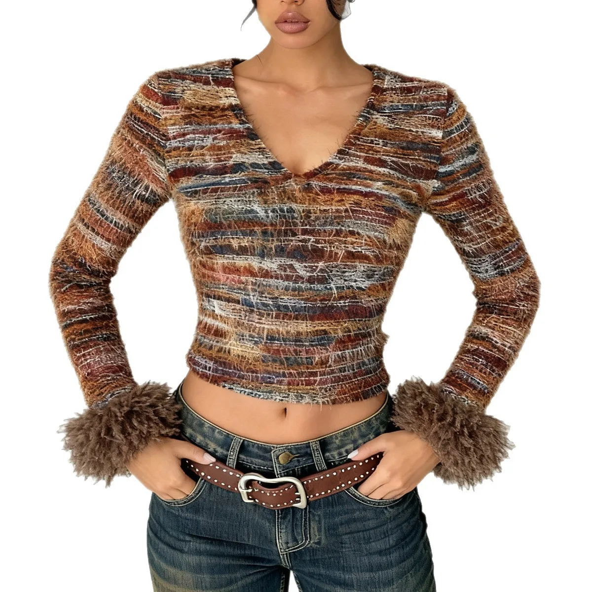 Novidade outono/inverno mais vendida: top de malha listrado vintage multi-coló slim fit recortado com decote em V