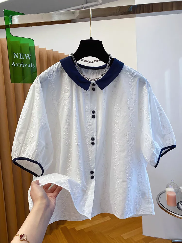 

White Embroidered Floral Pure Cotton Short Sleeve Shirt Women Loose Bubble Sleeve Contrast Color Doll Collar Top Summer 2025