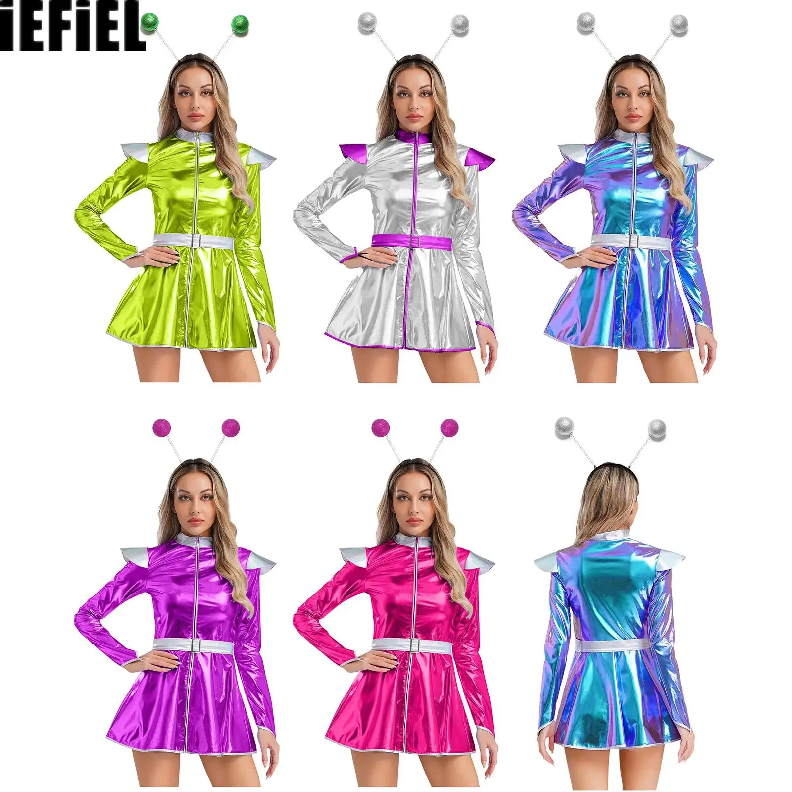 

Women Alien Astronaut Cosplay Dress with Hair Hoop Front Zipper Metallic Shiny A-line Dress for Halloween Space Themed Party