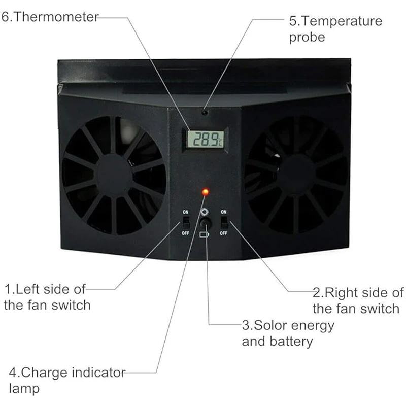 자동차 선풍기 에너지 절약 환기 라디에이터, 공기 청정기, 블랙, 태양열 창 선풍기