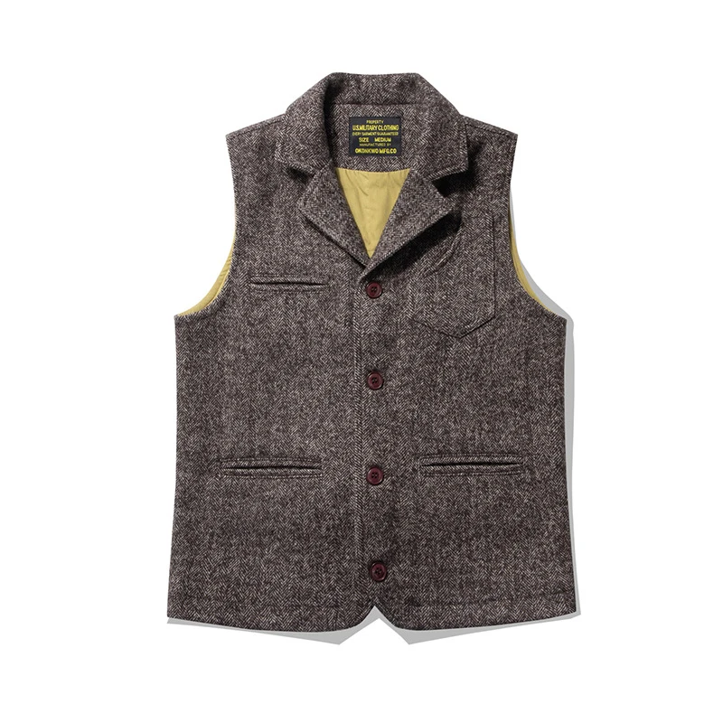 Amekaji Vintage Wool Waistcoat Men Winter New British Lapel Thick Double Layer Multi-pocket Suit Collar Vest Retro Cardigan Vest