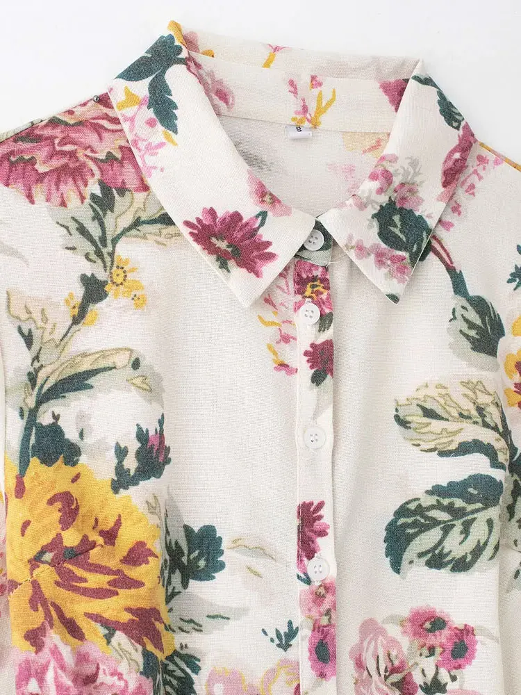 Midi-overhemdjurk met bloemenprint voor dames, riem, lange mouwen, knoopsluiting, damesjurken, chique mode