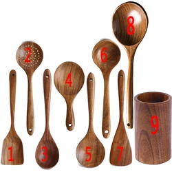 Thailand Teak Natural Wood Tableware Spoon Turner Long Rice Colander Soup Skimmer Cooking Spoons Scoop Kitchen Tool Set