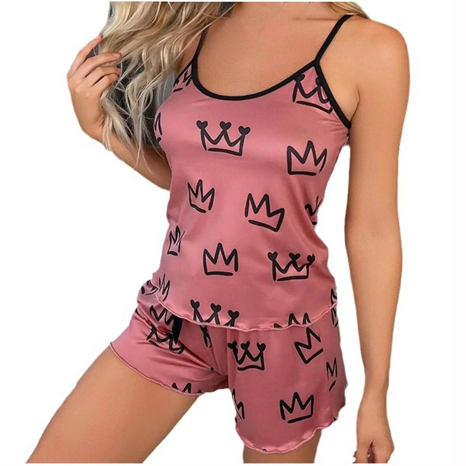 

Женский элегантный атласный пижамный комплект, одежда для сна с принтом короны на тонких бретельках, мягкая и уютная ночная рубашка из двух предметов, милая повседневная одежда для дома