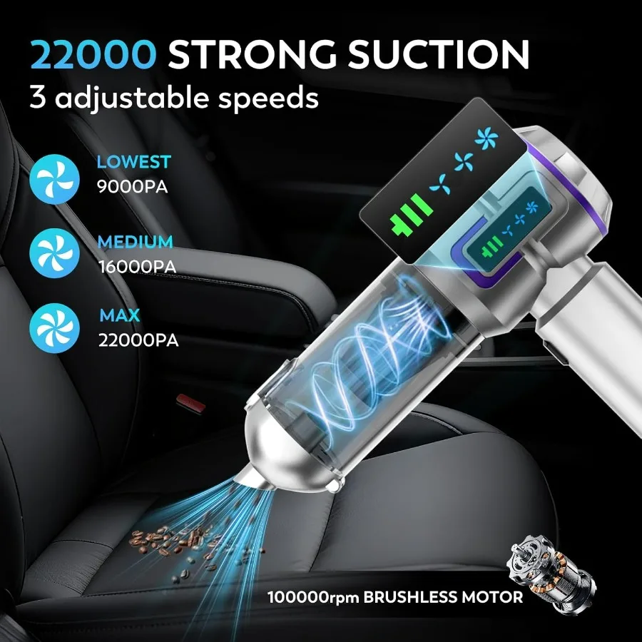 Aspirador de coche, aspirador de coche portátil de alta potencia de 22000PA y plumero de aire, miniaspiradora inalámbrica con pantalla LED, para Hom