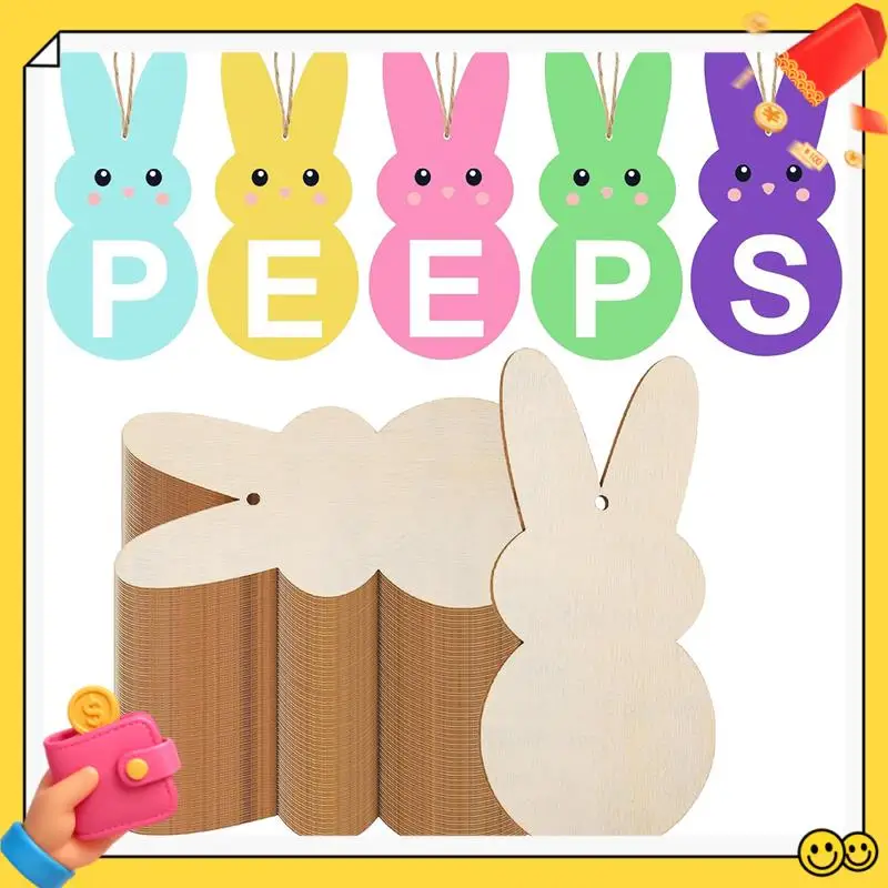 

A89Q-50 Pcs Easter Wooden Bunny Cutouts Hanging Ornaments Crafts Tags 7 Inch Unfinished Peep Bunny Wood Slices Blank