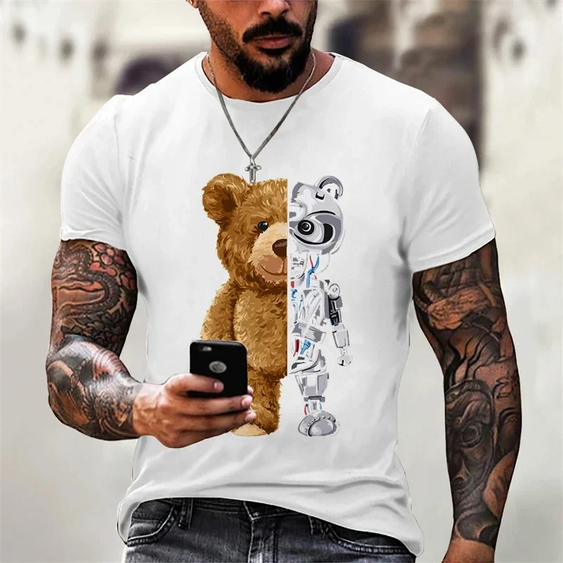 Summer Men's New Teddy Bear Pattern 3D Printed Pattern Men's Casual O-neck Short Sleeved Street Fashion Oversized Top